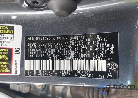 2016 Toyota Corolla Le из США, поврежденный, VIN 2T1BURHE6GC638075